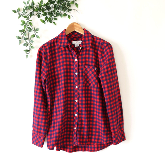 Vineyard Vines Flannel Blue & Red Check Long Sleeve Button Front Top Size 2 - Picture 1 of 4